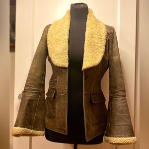 Moda International Brown Leather Jacket/Coat- Faux Fur Collar - XS